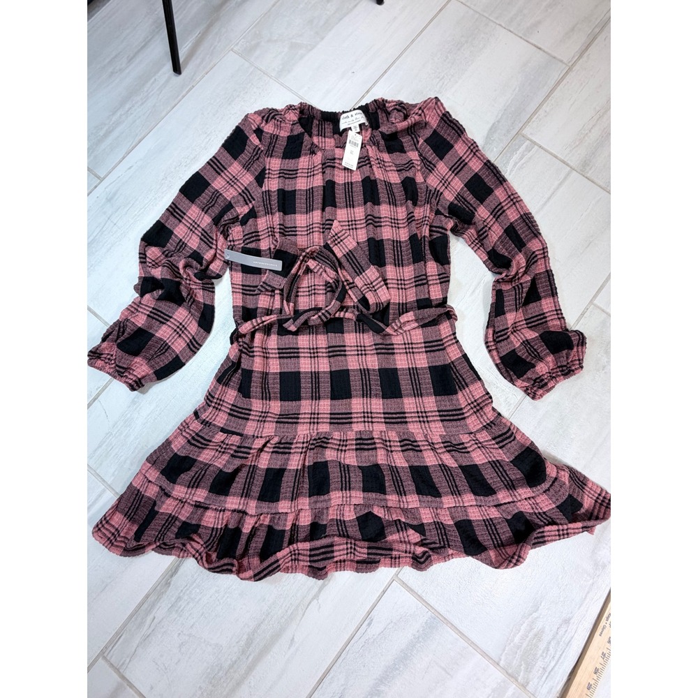 Anthropologie Cloth & Stone Pink Black Plaid Tiered Mini Dress XL NWT R8536-A06